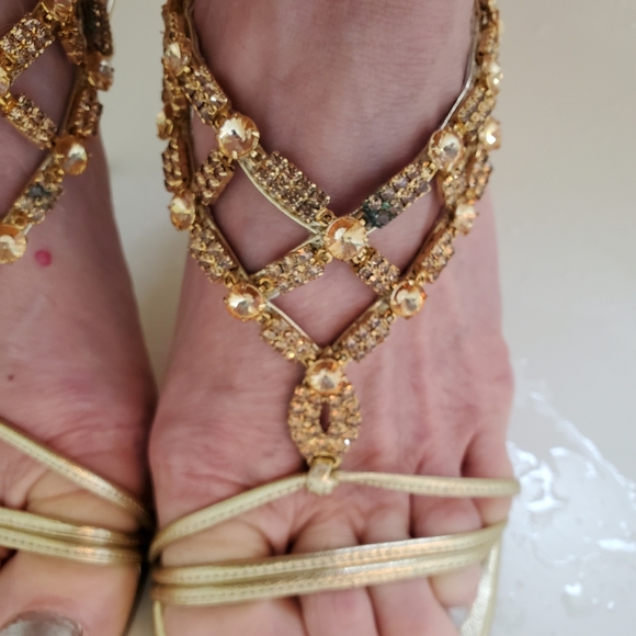 Gold Leather & Rhinestone lace up heel sandles - Picture 14 of 16